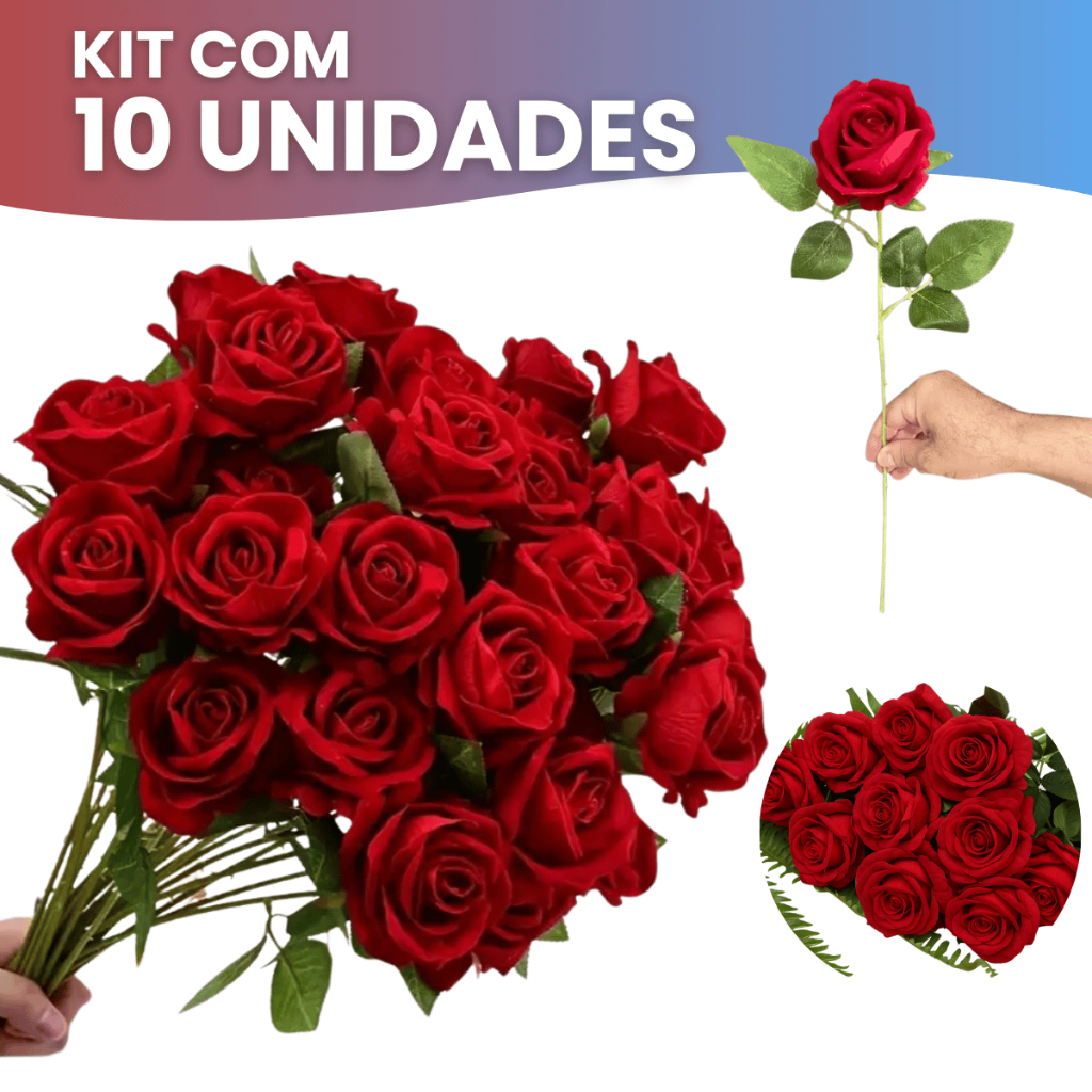 Kit 10 Rosas Artificial Aveludada 50cm Vermelha Individual Decoração Arranjo Flor
