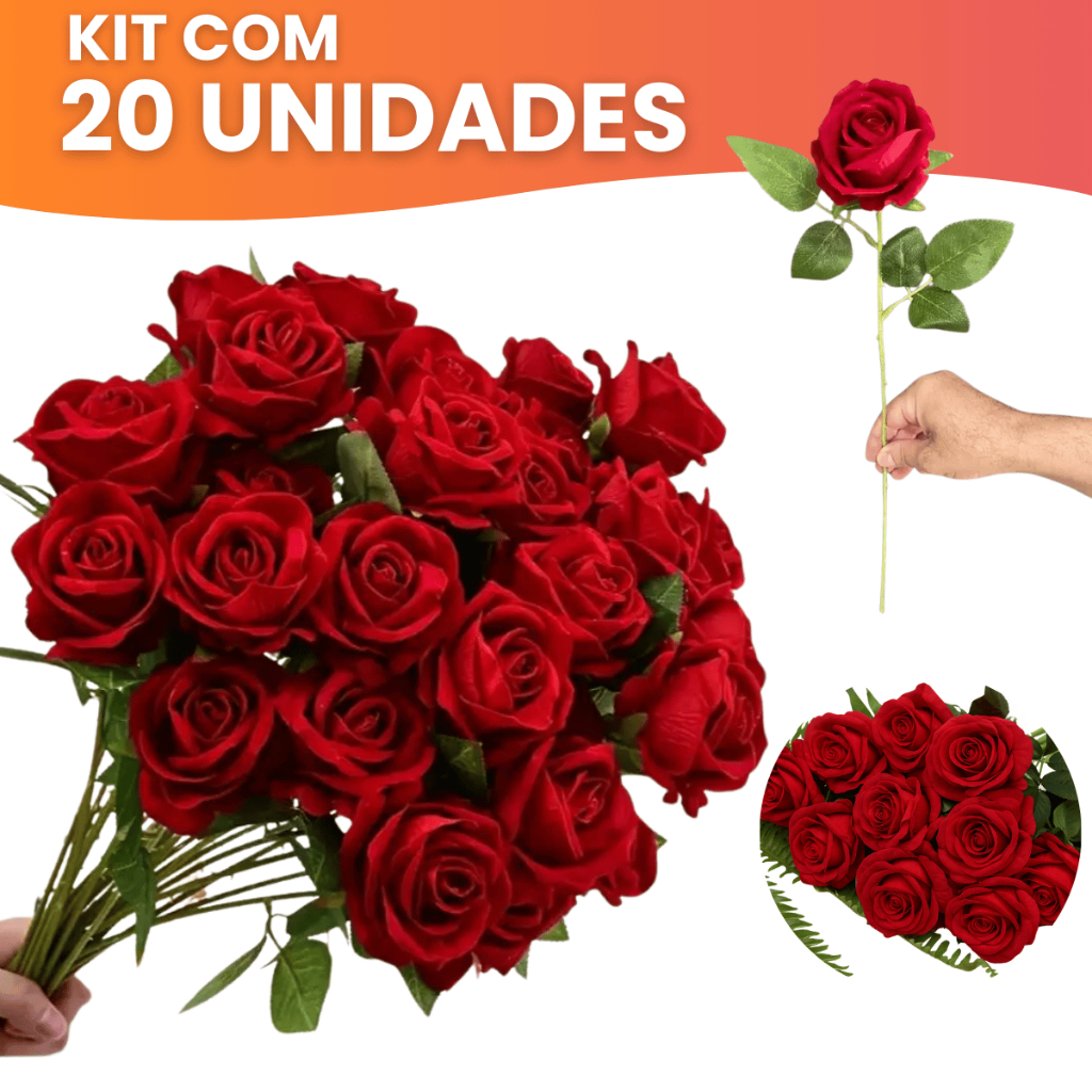 Kit 20 Rosas Artificial Aveludada 50cm Vermelha Individual Decoração Arranjo Flor