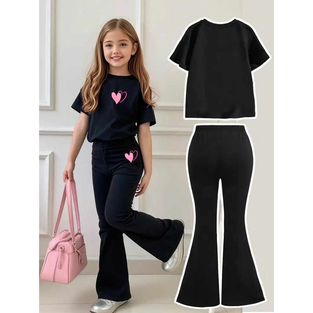 CONJUNTO INFANTIL CAMISETA+CALÇA FLARE MOLETOM ESTILOSO CORAÇÃO ROSA em Oferta na Shopee