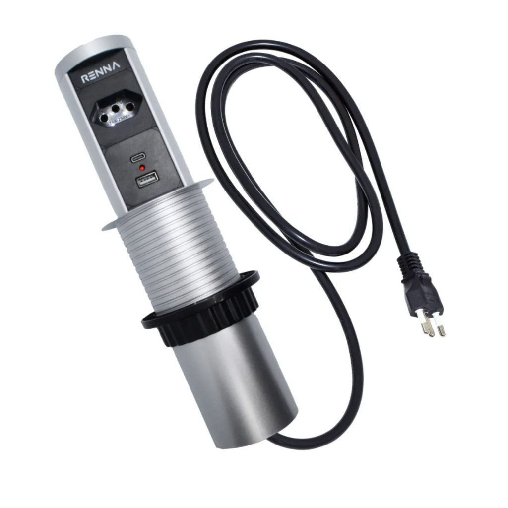 Torre de Tomada de embutir com entrada USB Tipo C e Wireless por Indução Cinza Renna