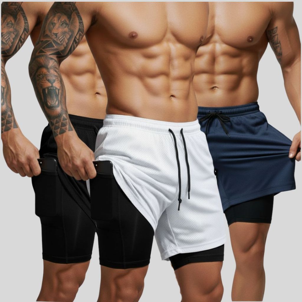 Kit 3 Shorts 2 Em 1 Bermuda Para Academia Treino Bolso Interno Cordão P Ao GG em Oferta na Shopee