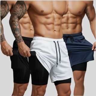 Kit 3 Shorts 2 Em 1 Bermuda Para Academia Treino Bolso Interno Cordão P Ao GG em Oferta na Shopee