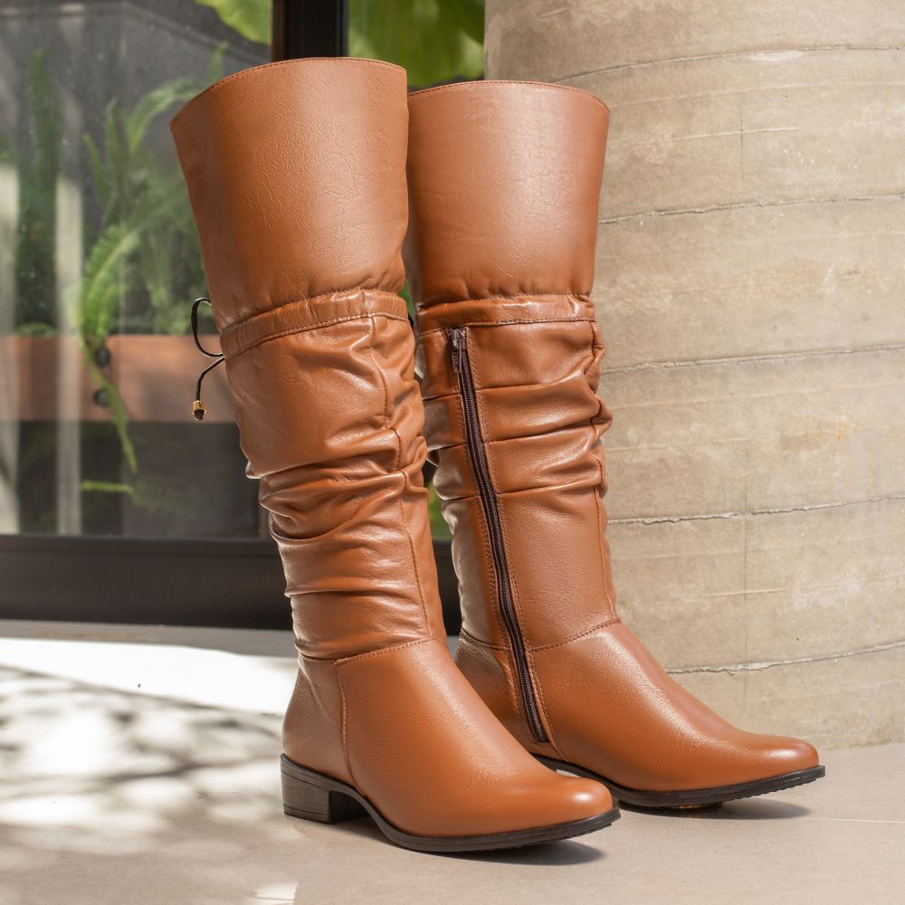 Bota Montaria Couro Legítimo SB Shoes Cano longo Enrugado em Couro Havana Preto