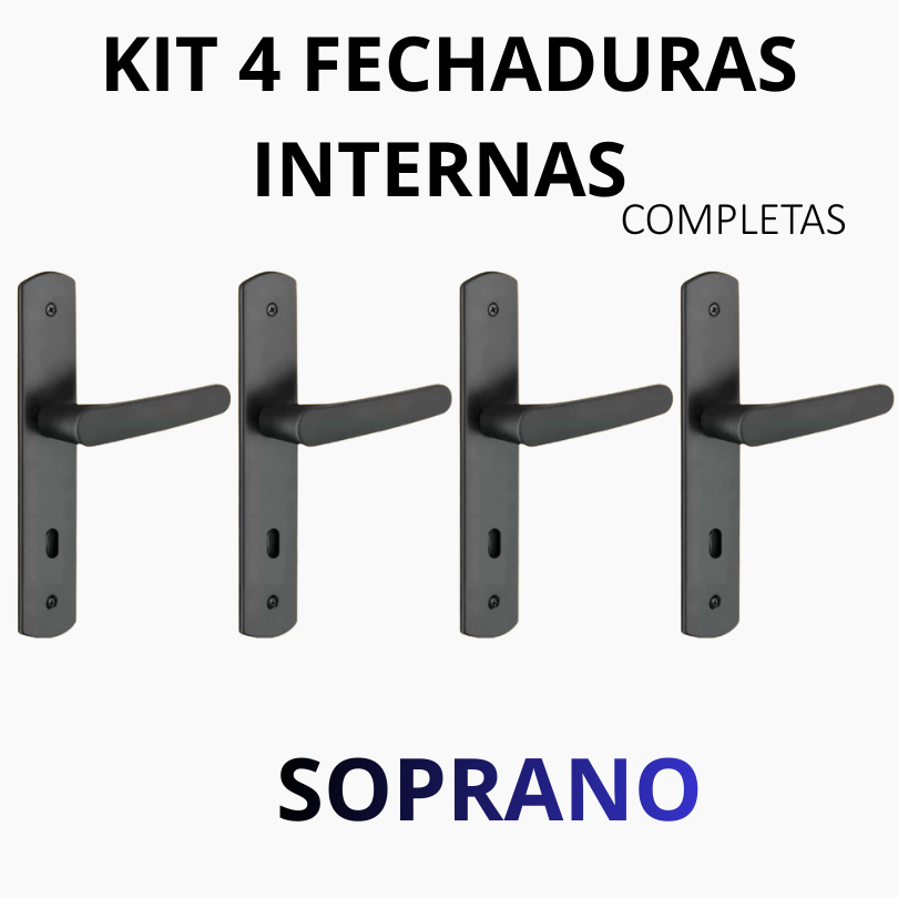 Kit 4 Fechaduras Ipanema Completa | Porta Interna Quarto | Preta | Máquina 40 | Anti Ferrugem | Soprano