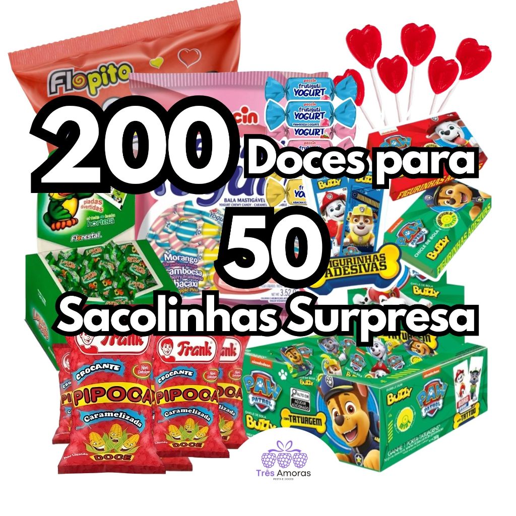 Kit 200 Doces para 50 Sacolinhas Bolsinhas ou Saquinho de Guloseimas Lembrancinha Aniversário Festa