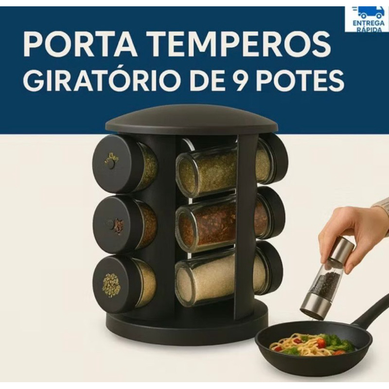 Porta Tempero Home Land com 9 Potes de Vidro – Prático e Giratório