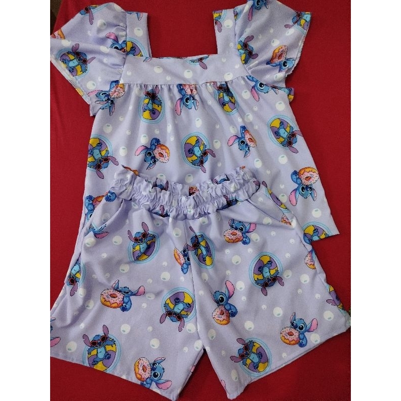 Conjunto Infantil Menina 10 anos de Verão – Stitch Estampado, Blusa Manga Princesa + Short Soltinho, Roupa Confortável