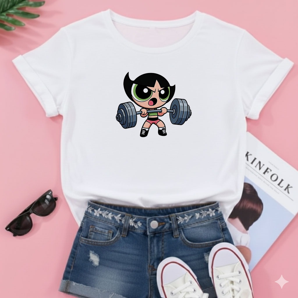 camiseta T-shirt Feminina Blusa Feminino academia fitness docinho lindinha meninas super poderosas peso