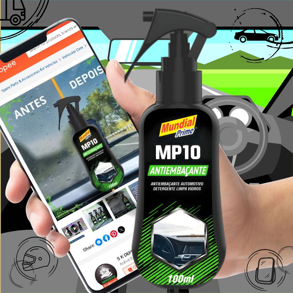 AntiEmbaçante MP10 PARA VIDROS CARRO CASA VIDRAÇARIA Viseira Espelho Parabisa Vidros Laterais 100ml