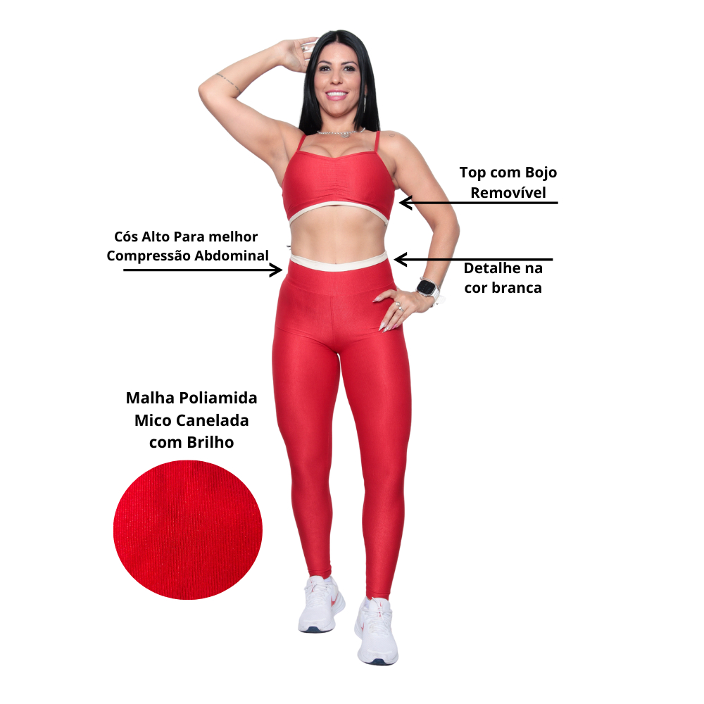 Conjunto Vermelho Feminino Academia Fitness Suplex Poliamida Zero Transparência Exercícios Conforto