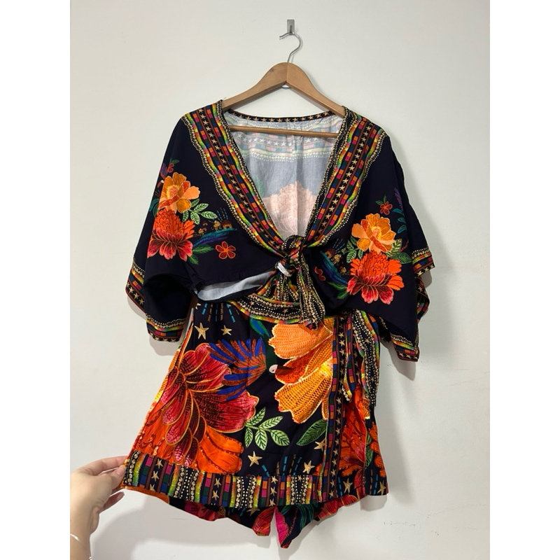 Conjunto estampado feminino cropped floral kimono short sarja short-saia natal estampa borogodó escuro