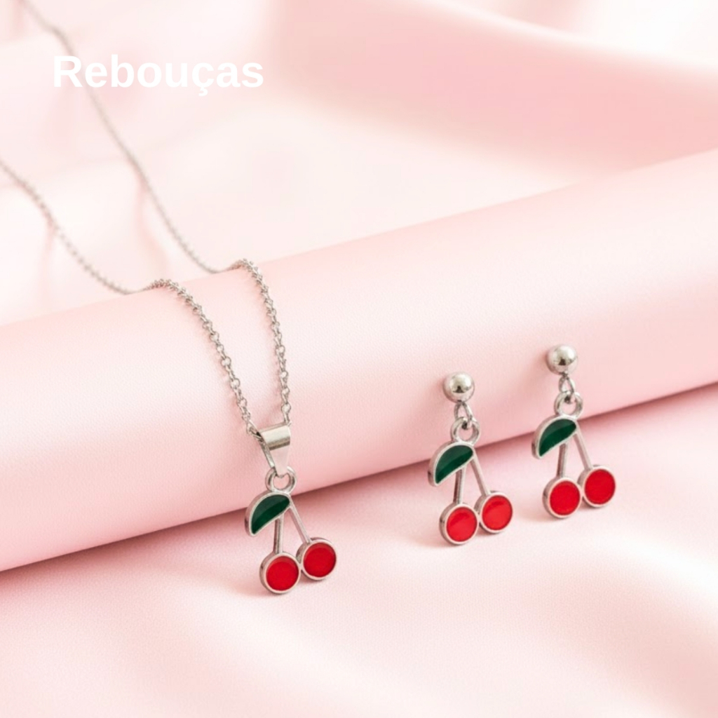 Colar ou Conjunto Com Brinco Cereja em Aço Inoxidável em Oferta na Shopee