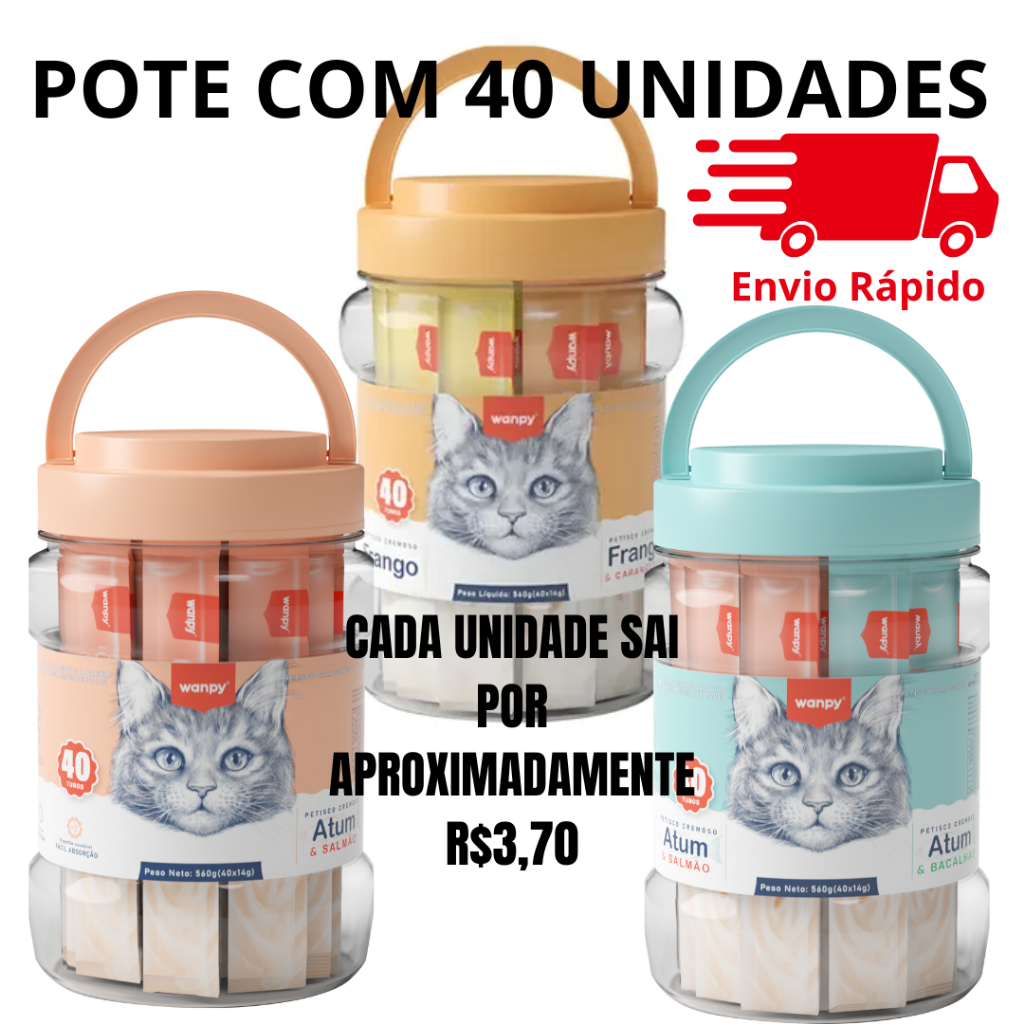 Petisco para gatos Wanpy Creamy Sabores Atum/Bacalhau, Atum/Salmão e Frango/Frang e Carangueijo 40un
