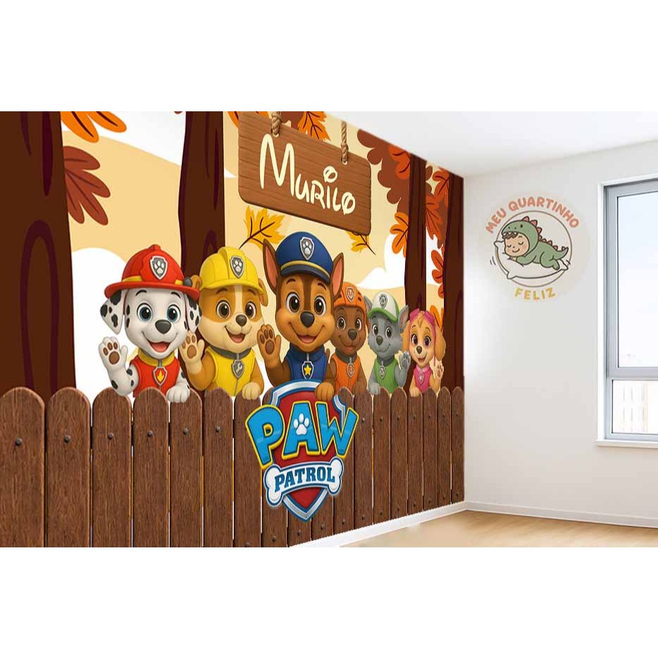 Papel de Parede Infantil Tema Patrulha Canina Cerquinha de MAdeira Adesivo Personalizado M² PAREDE TODA