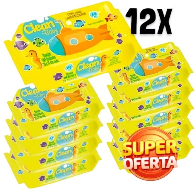 Caixa 12 Pacotes Toalhas Umedecidas Clean Baby com 100 cada,  Sem álcool etílico, parabenos e proteína do leite,