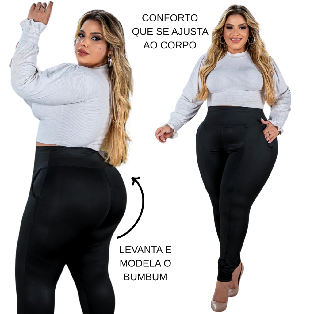 kIT 2 Legging Com Bolso Lateral Leg Plus Size Grossa Zero Transparência do 36 ao 60