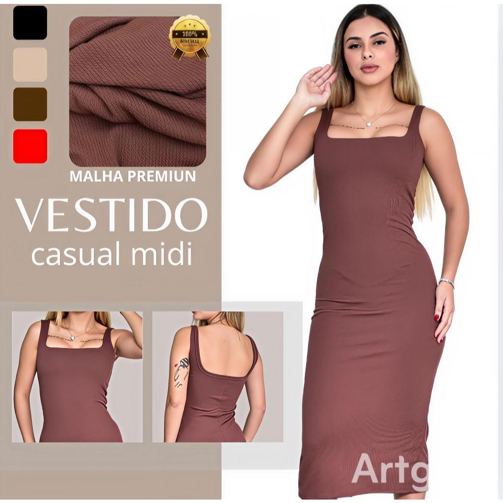 Vestido Midi Canelado tendencia Justo Feminino com Alças Largas e Decote Quadrado Confortável e Estiloso moda blogueira