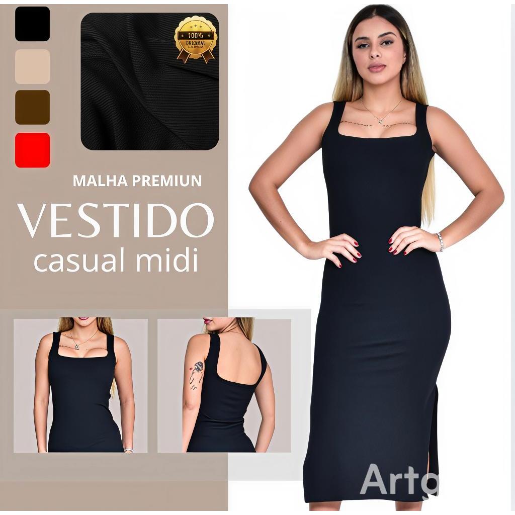 Vestido Midi Canelado tendencia Justo Feminino com Alças Largas e Decote Quadrado Confortável e Estiloso moda blogueira