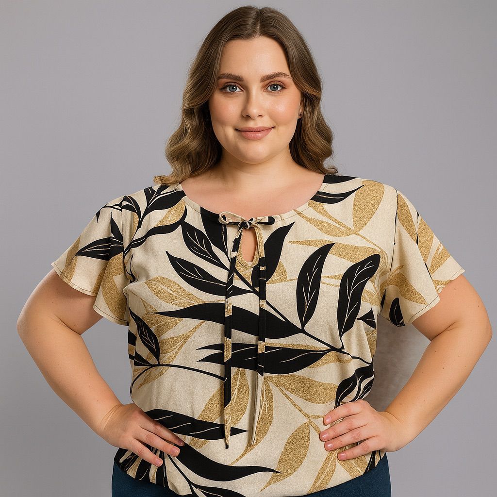Blusa Feminina Plus Size em Viscolinho – Decote com Laço e Manga Curta (GG a G3)