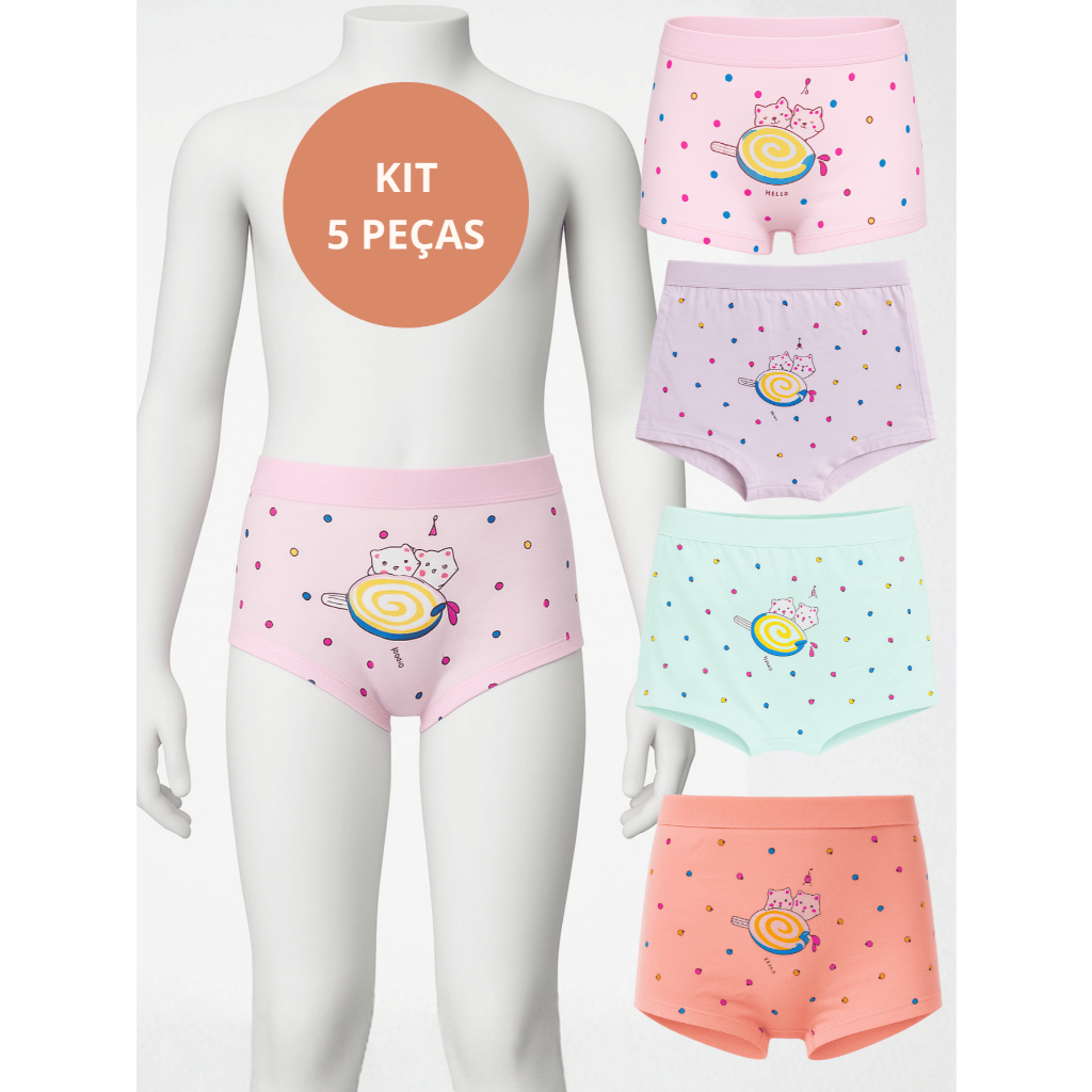 Kit 5 Calcinhas Infantil Juvenil Algodão 100% estilo com elástico confortável