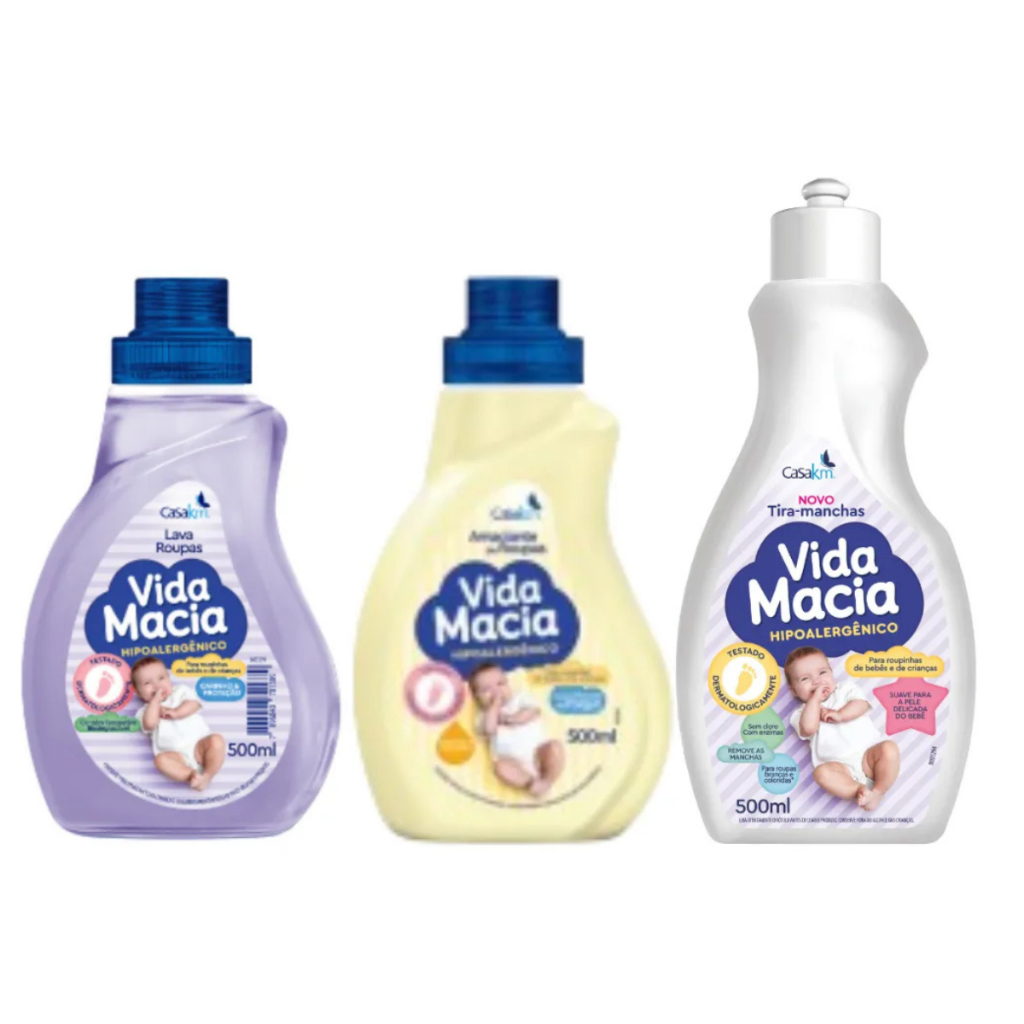 Lava Roupas Vida Macia 500ml + Amaciante Camomila 500ml E Tira Manchas 500ml