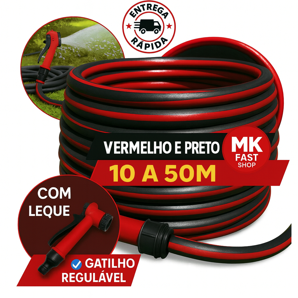mangueira de jardim trançada bicolor vermelho e preto 50 m flat limpeza com esguicho antidobras irrigação