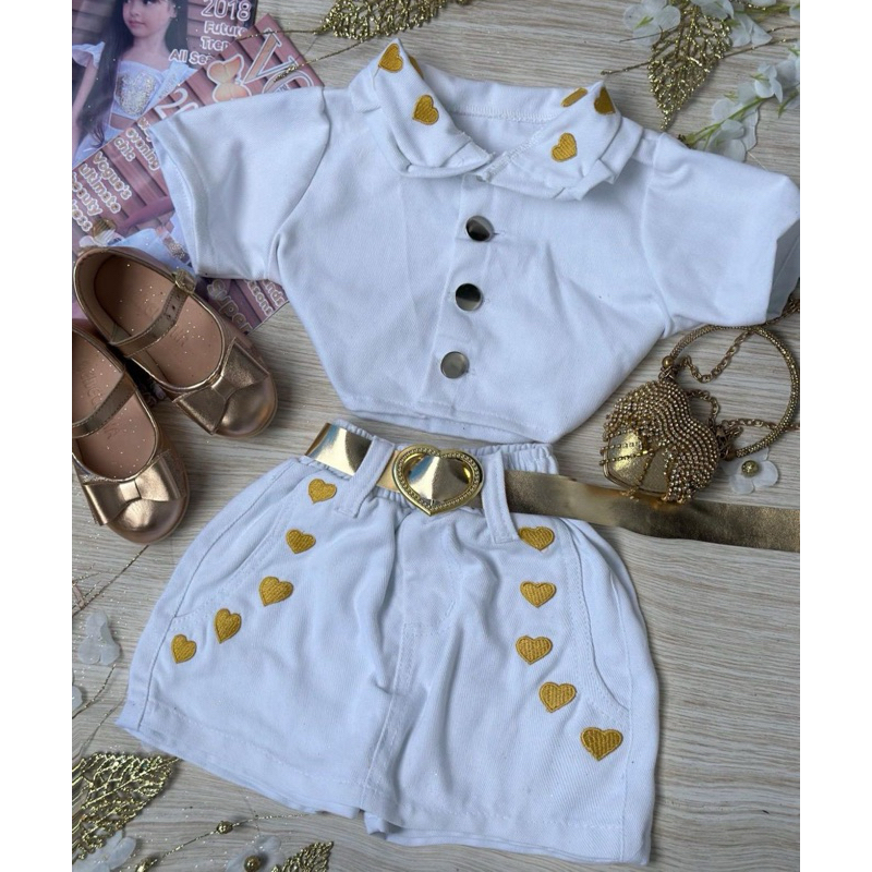 Conjunto Infantil Short Saia Jeans Jaqueta Jeans Ciganinha + Cinto Menina Blogueirinha Diva Festas Natal Ano Novo 4 a10