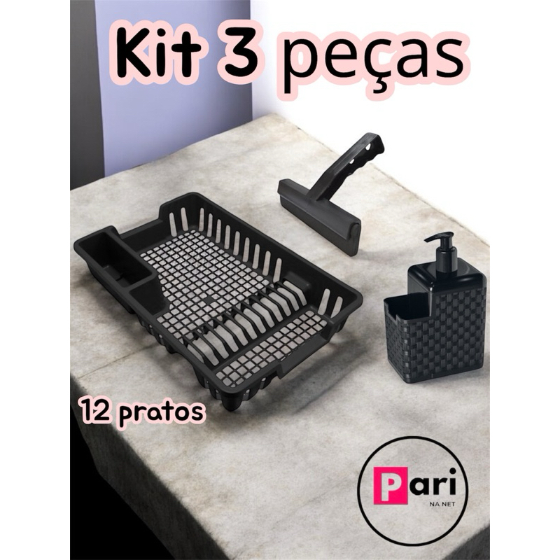 Escorredor de Louças 12 Pratos Cozinha Plástico Preto Copos Talheres Porta Detergente Rodo