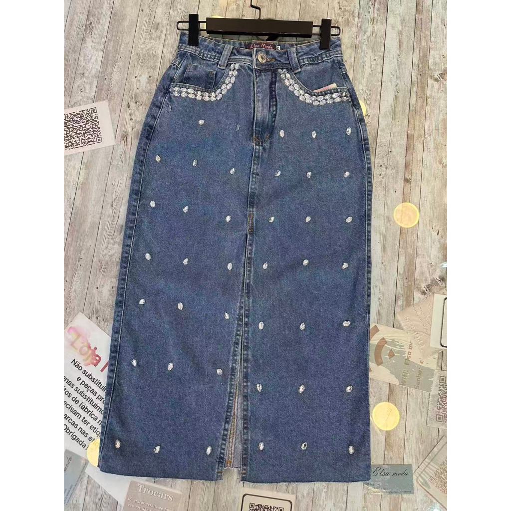 Saia Jeans Saia com Strass diamantes saia cintura alto saia Fenda frete Feminina Elegante casual e moderno para mulheres em Oferta na Shopee