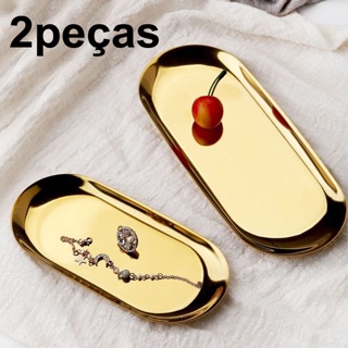 Kit 2 Bandeja Aco Inoxidavel Luxo Decorativa para Jóias Alimentos Dourado em Oferta na Shopee