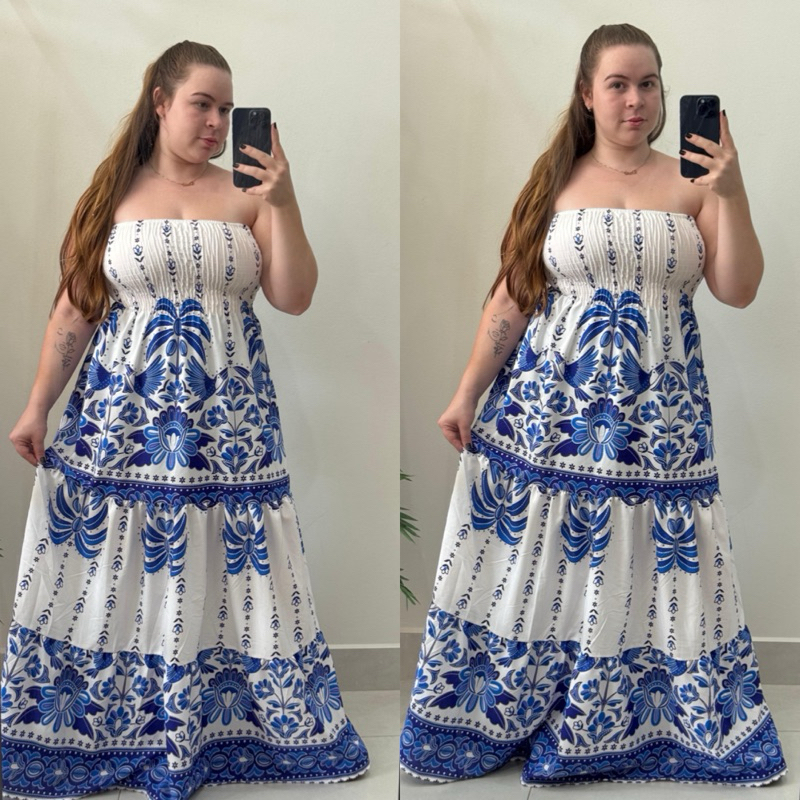 vestido longo tomara que caia elastex plus size moda verão