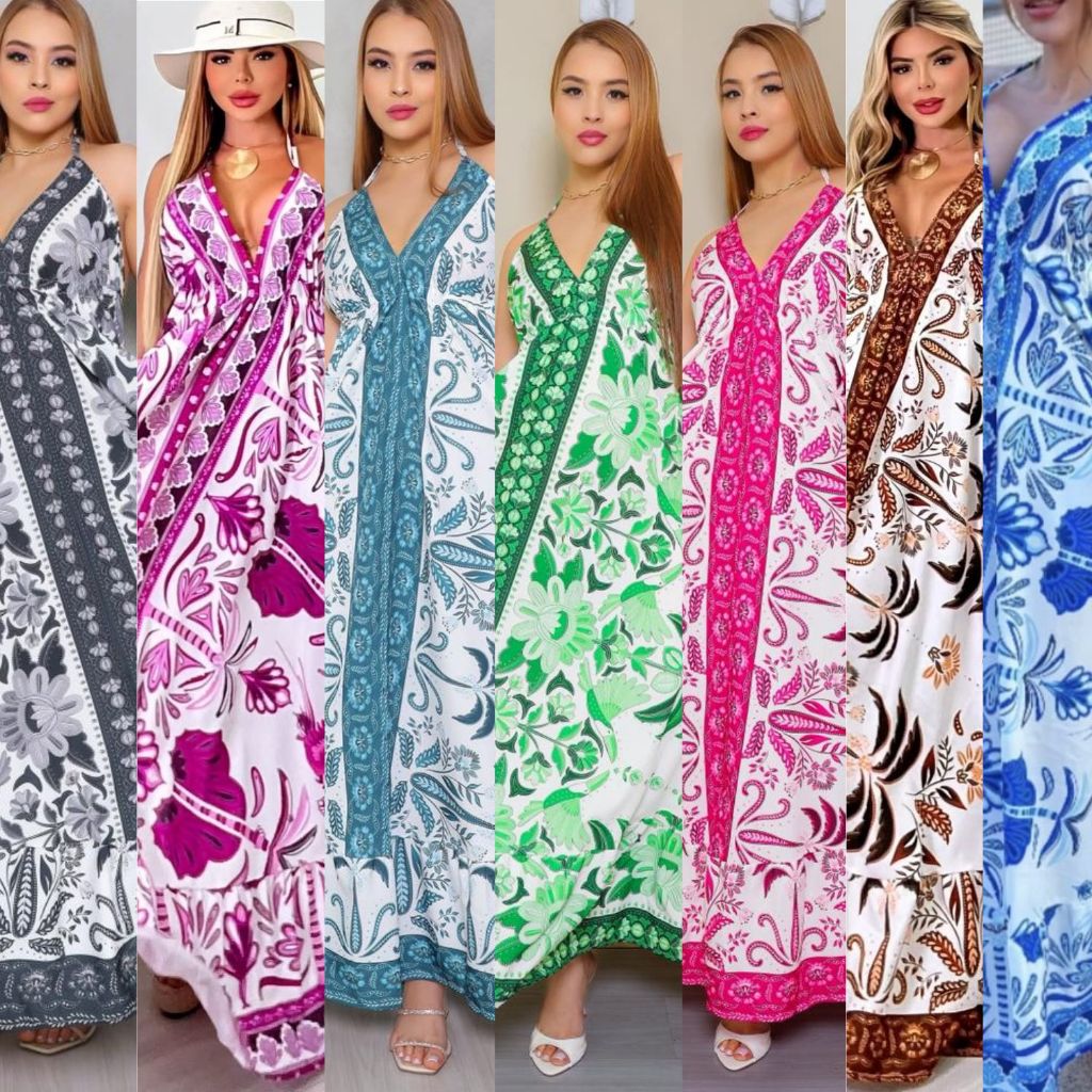 Vestido Feminino Longo Estampado Boho com Decote Halter e Costas Abertas em Oferta na Shopee