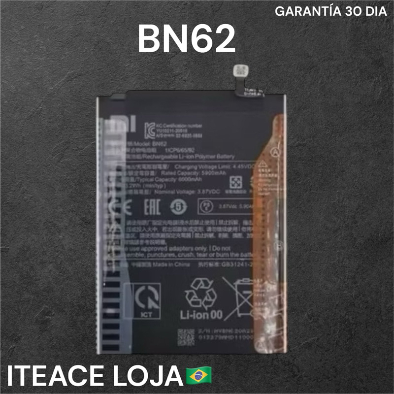 BAT COMPATIVAL POCO M3 / REDMI 9T / NOTE 9 (BN62) ORI NOVA COM GARANTIA 30 DIA