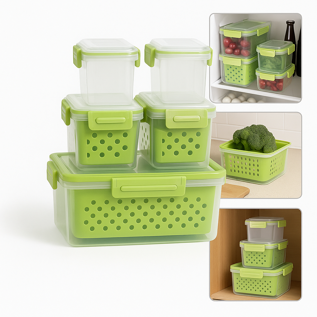 Kit 5 Potes Herméticos Tampa Vedação Cesto Escorredor Frutas Legumes Organização Cozinha Geladeira