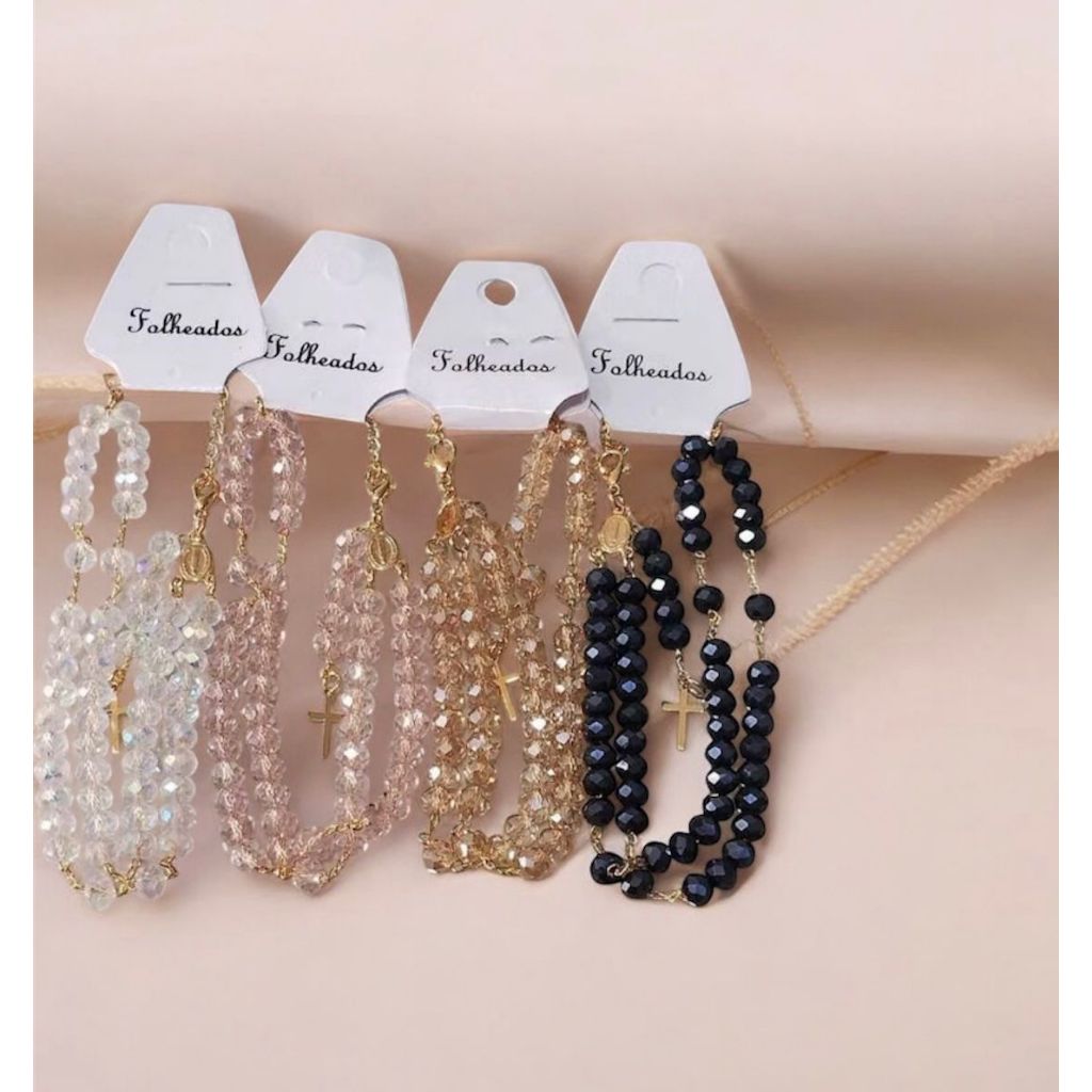 Pulseira Terço de Pulso Folheado á Ouro Cristal Religioso de Nossa Senhora Aparecida Ajustável