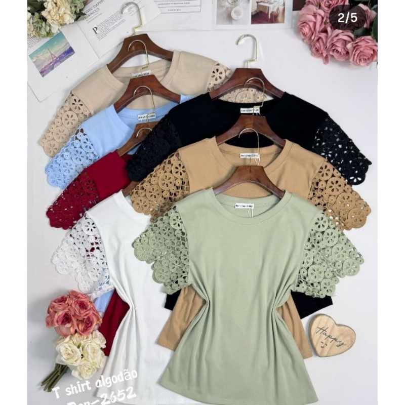 Blusa feminina de algodão /  Manga em renda  / Lançamento em Oferta na Shopee