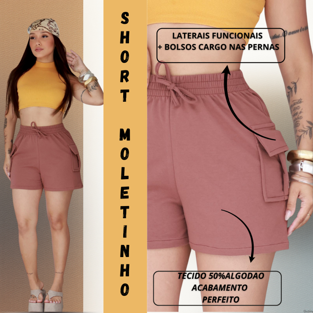 SHORT FEMININA CARGO MOLETINHO em Oferta na Shopee