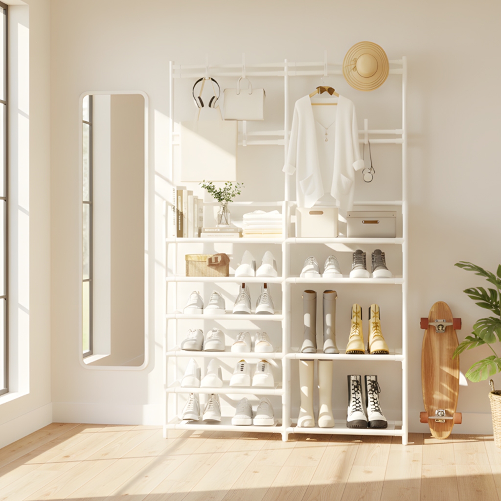 Organizador Modular para Sapatos e Roupas, Rack Multifuncional com Ganchos e Prateleiras