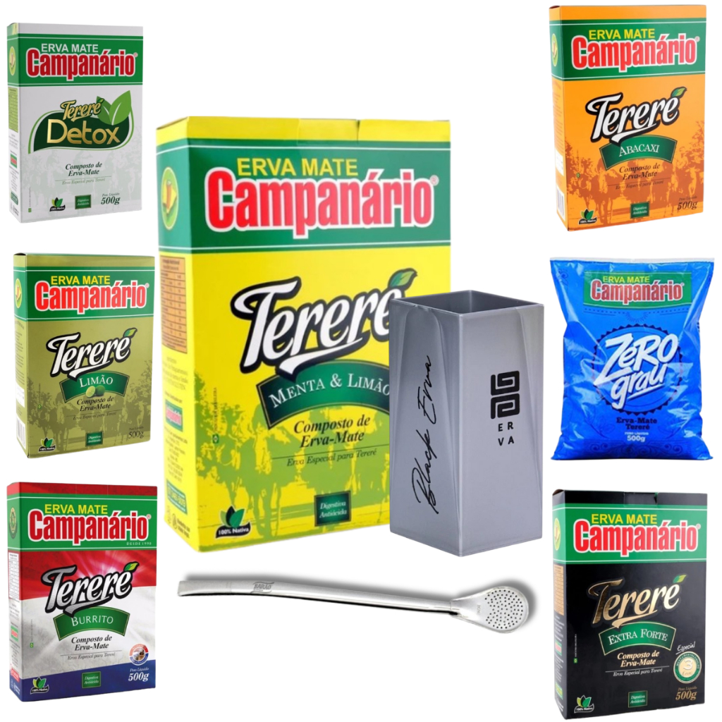KIT TERERÉ Erva mate Campanário 500g Sabores + Copo Quadrado Cinza + Bomba Cromada Tereré