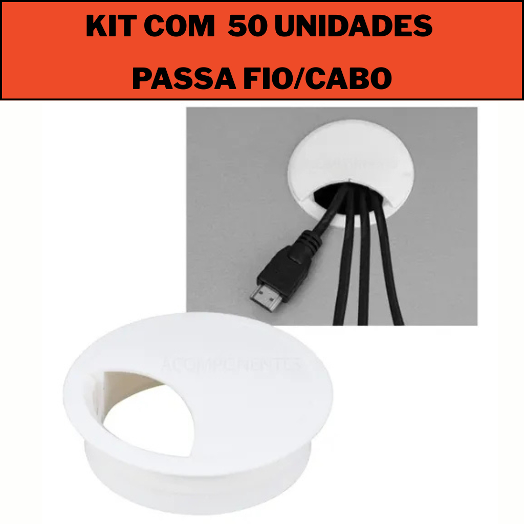 Kit com 50 Passa fio/Cabo guia redondo com tampa removível