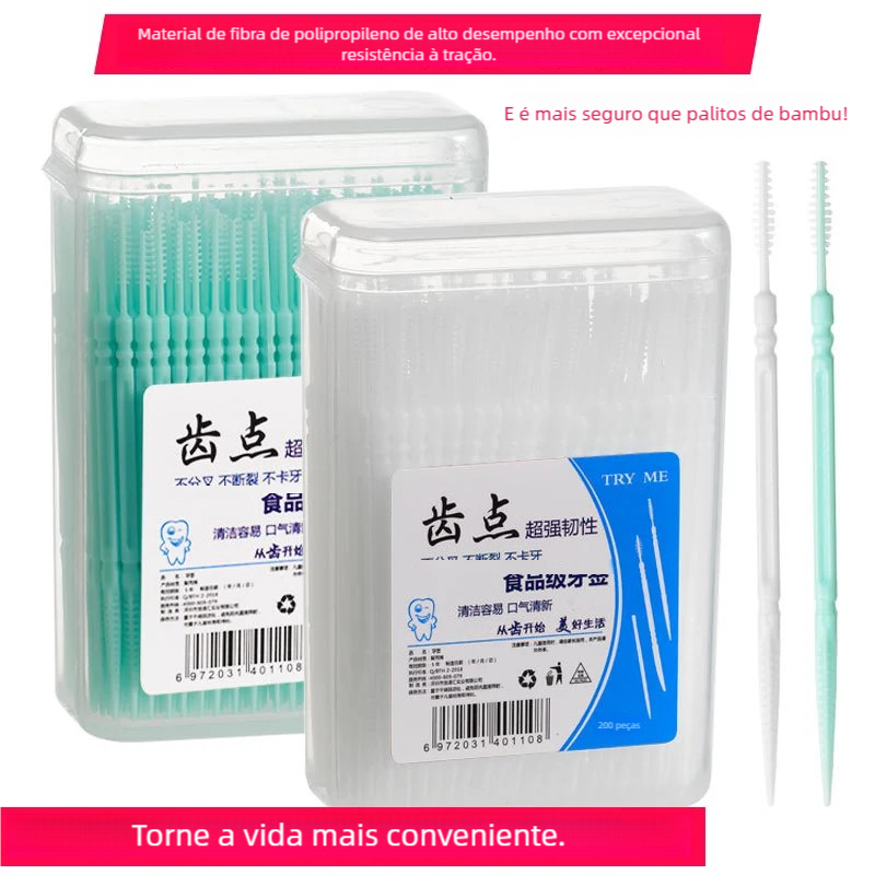 Escova Interdental com Fio 200Pcs - Cabeça Dupla Descartável para Higiene Oral