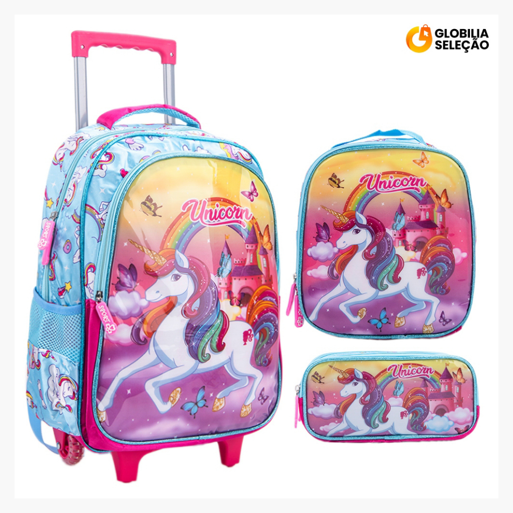 Kit Mochila Escolar Infantil de Rodinhas Menina Bolsa Resistente Impermeável Com Lancheira...