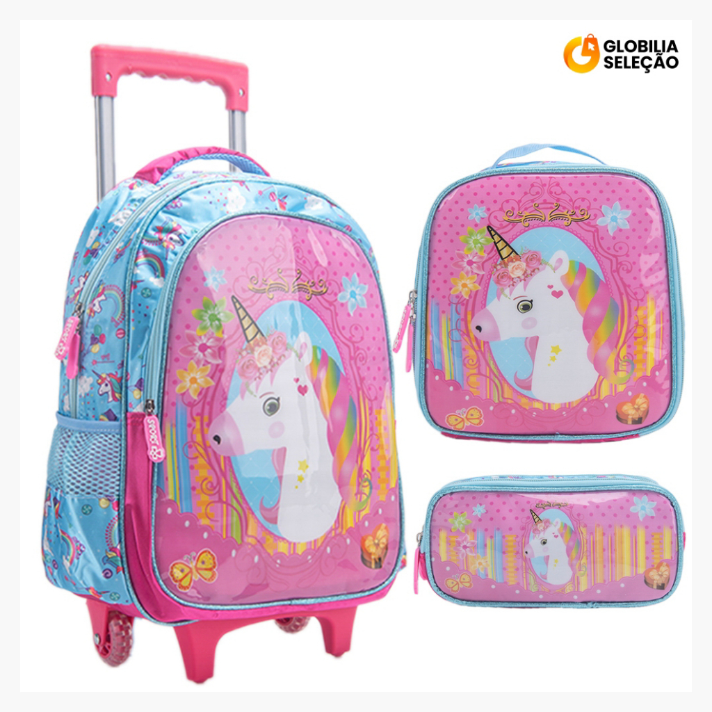 Mochila Escolar Infantil de Rodinhas Menina Menino Bolsa Resistente Impermeável Com Lanche...