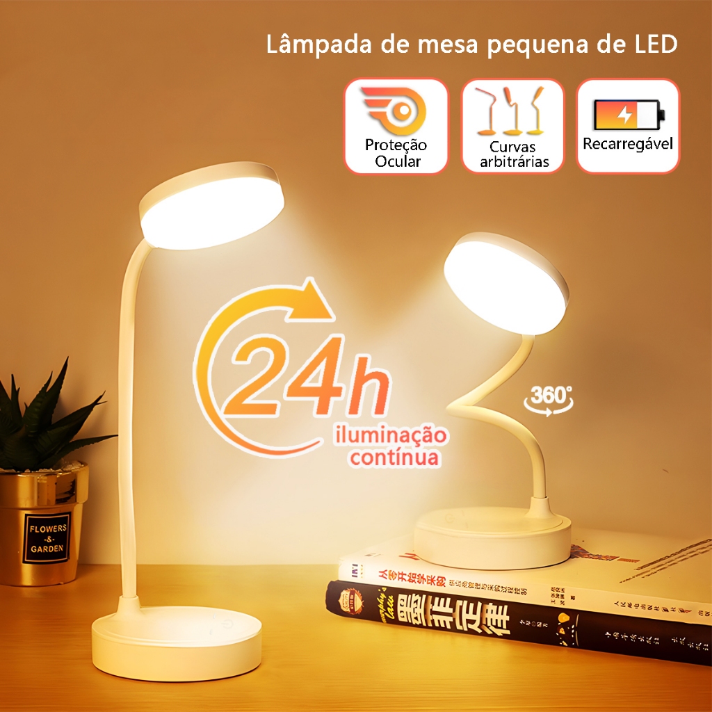Luminária De Mesa LED Recarregável Touch Flexível Proteção Ocular USB Estudo Leitura