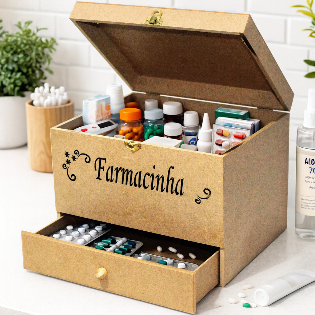Farmacinha Em MDF Cru Passa Fita com Fecho e Tampa Articulada Primeiro Socorros
