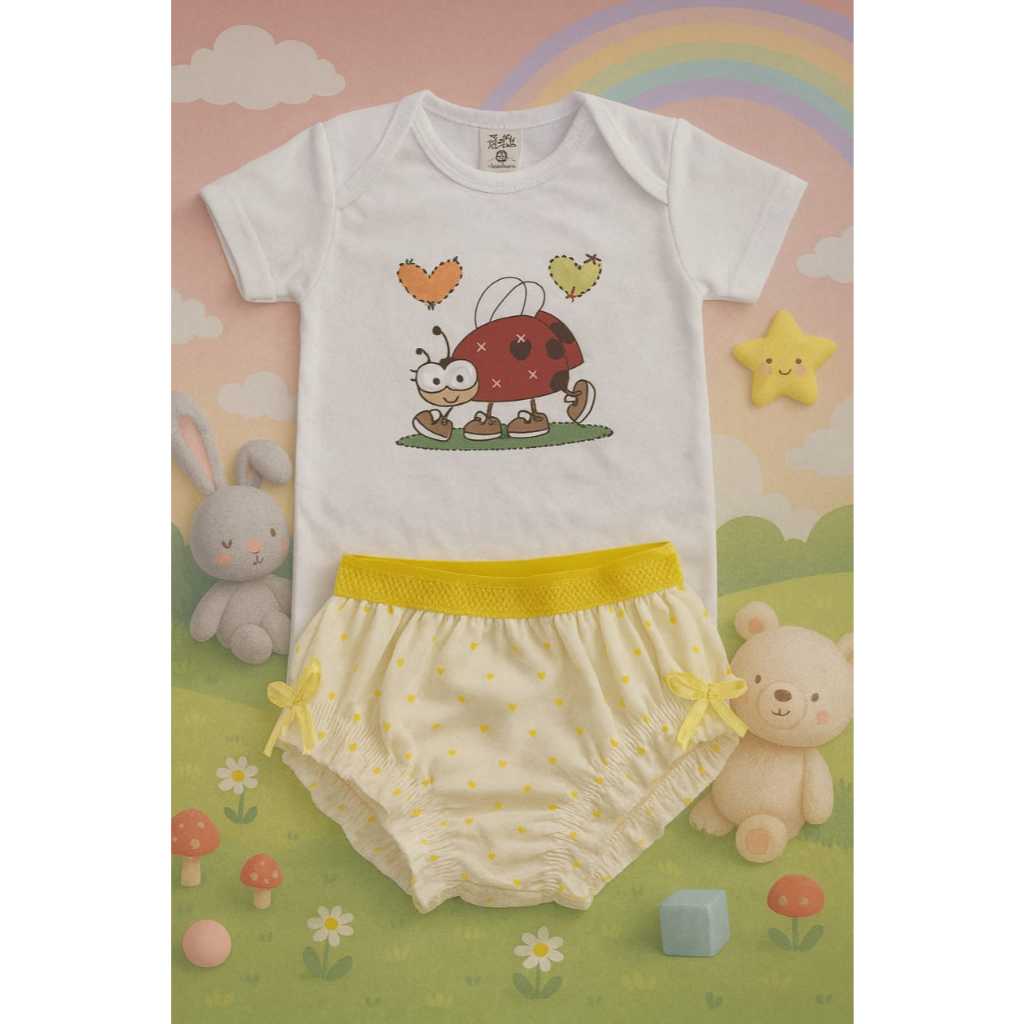 Body GG + Calcinha Tapa Fralda 👶 | Poliéster ☁️ ou Suedine 🩷 | Estampas Sortidas para Bebês
