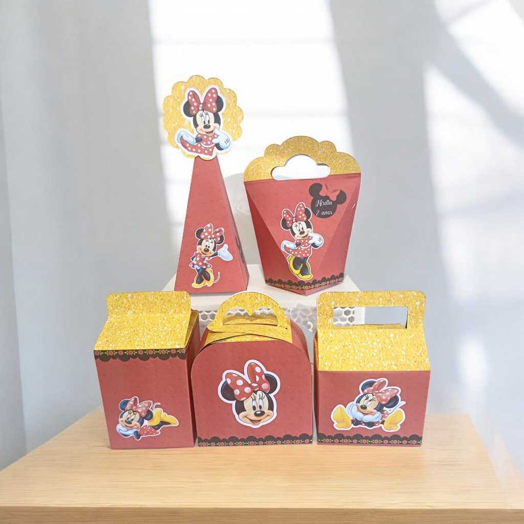 Kit  Caixinhas Personalizadas com nome e idade Minnie Vermelha Festa Aniversário Lembrancinhas