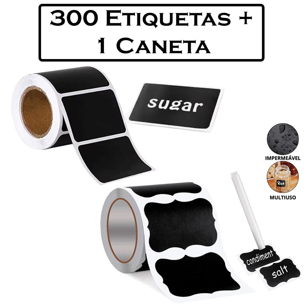 Etiqueta Adesiva Para Temperos Potes Cozinha Lousa Preta + Caneta Giz Rótulo Organizador Condimento