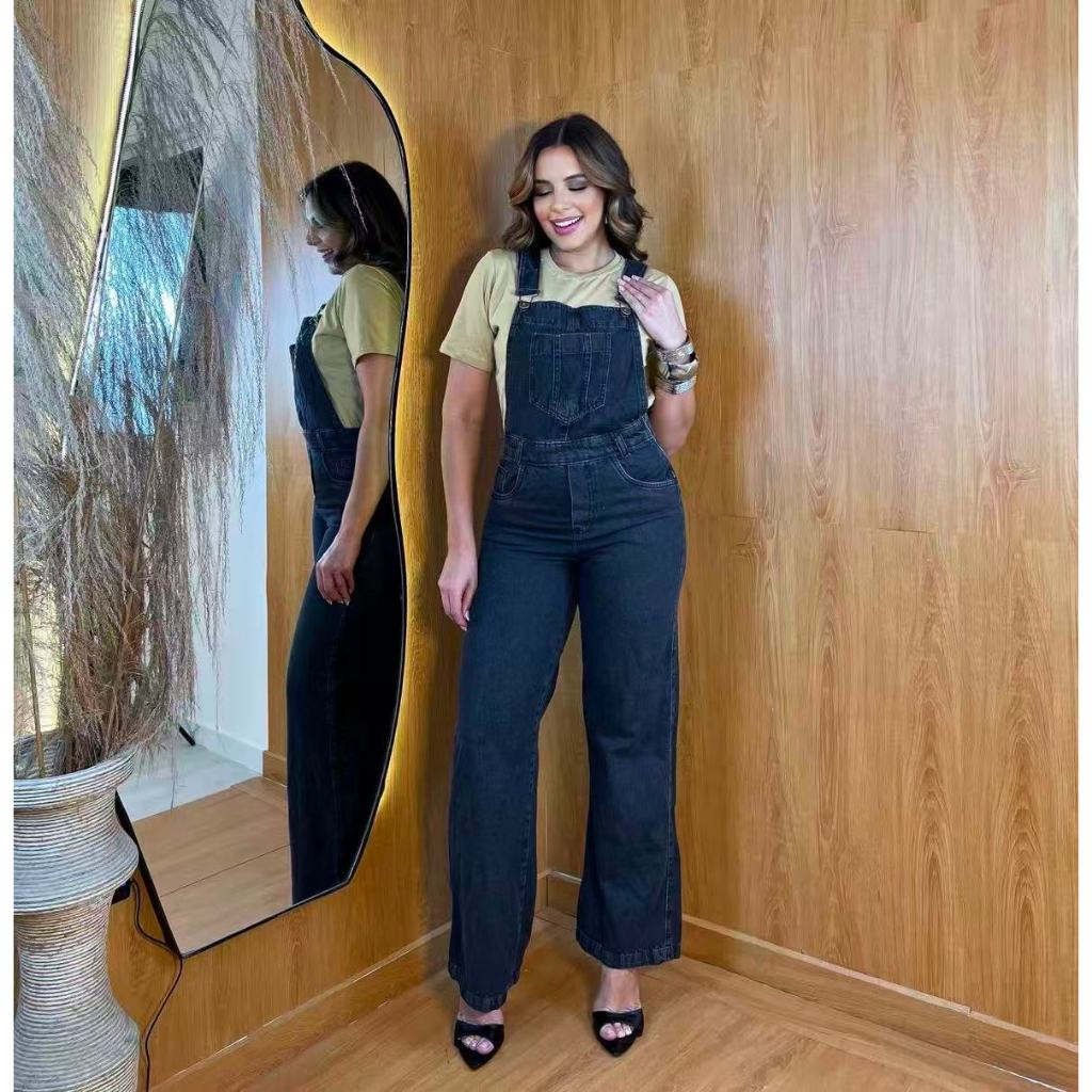 ZHAN JEANS Jardineira Wide Leg Jeans Preta Grafite Feminina