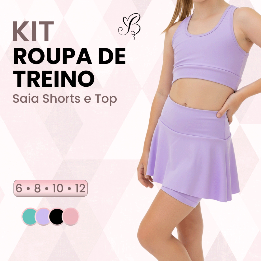 Kit Roupa de Treino Saia Shorts e Top Infantil Conjunto Fitness para Menina Cintura Alta em Oferta na Shopee